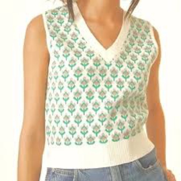 Maeve Knit Sweater Vest – Green & Pink Floral Pattern – Size XS - Picture 1 of 5